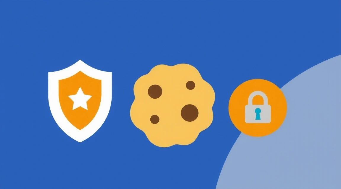 Ilustracja przedstawiająca ciasteczko przeglądarki z ikonami prywatności i bezpieczeństwa.