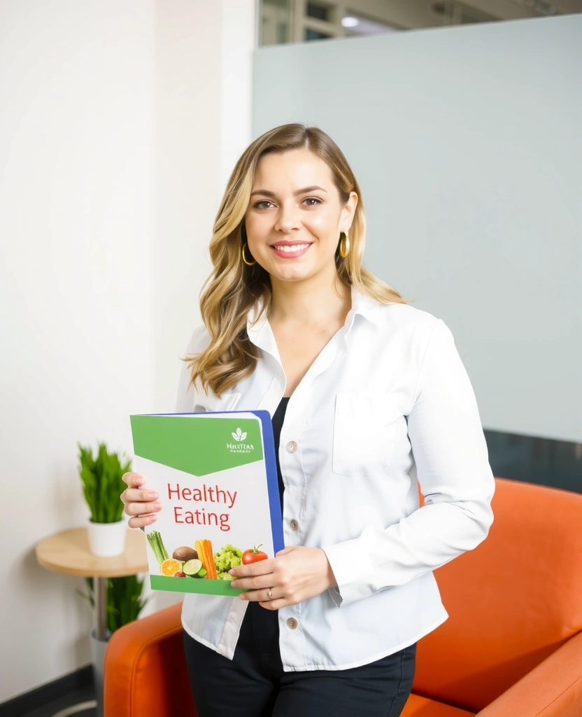 Anna Kowalska w gabinecie, uśmiechnięta, z folderem o zdrowym żywieniu.