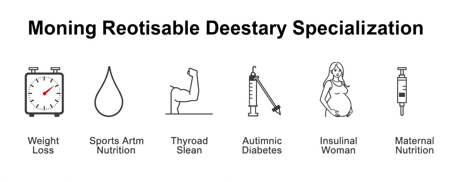 Ikony reprezentujące różne specjalizacje dietetyczne, takie jak sport, odchudzanie, zdrowie.