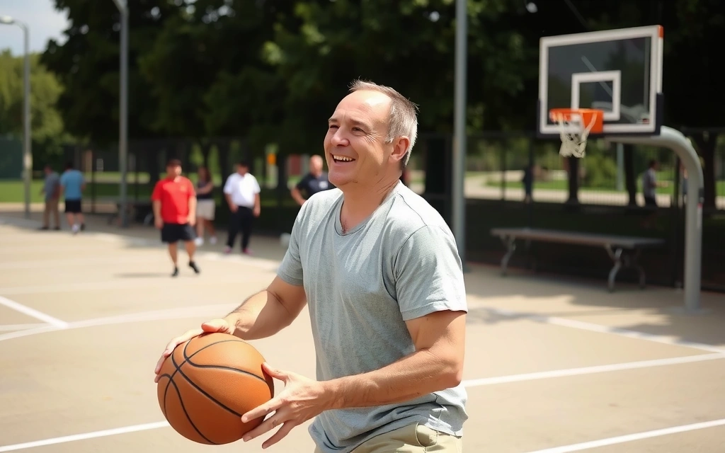 Uśmiechnięty Tomek grający w koszykówkę na boisku.