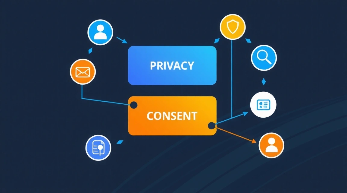 Grafika przedstawiająca diagram przepływu danych z symbolami ochrony i zgody