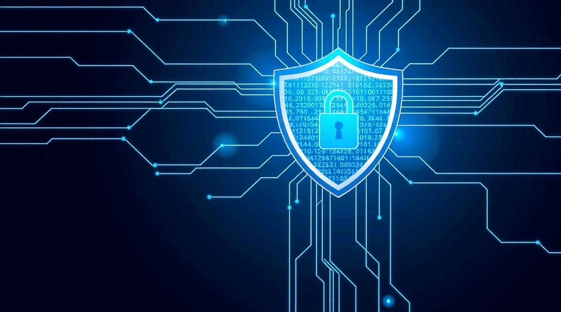 Ilustracja przedstawiająca cyfrową tarczę ochronną symbolizującą bezpieczeństwo danych