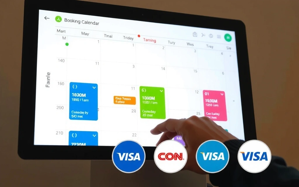 Kalendarz z zaznaczonymi terminami spotkań i ikonami płatności