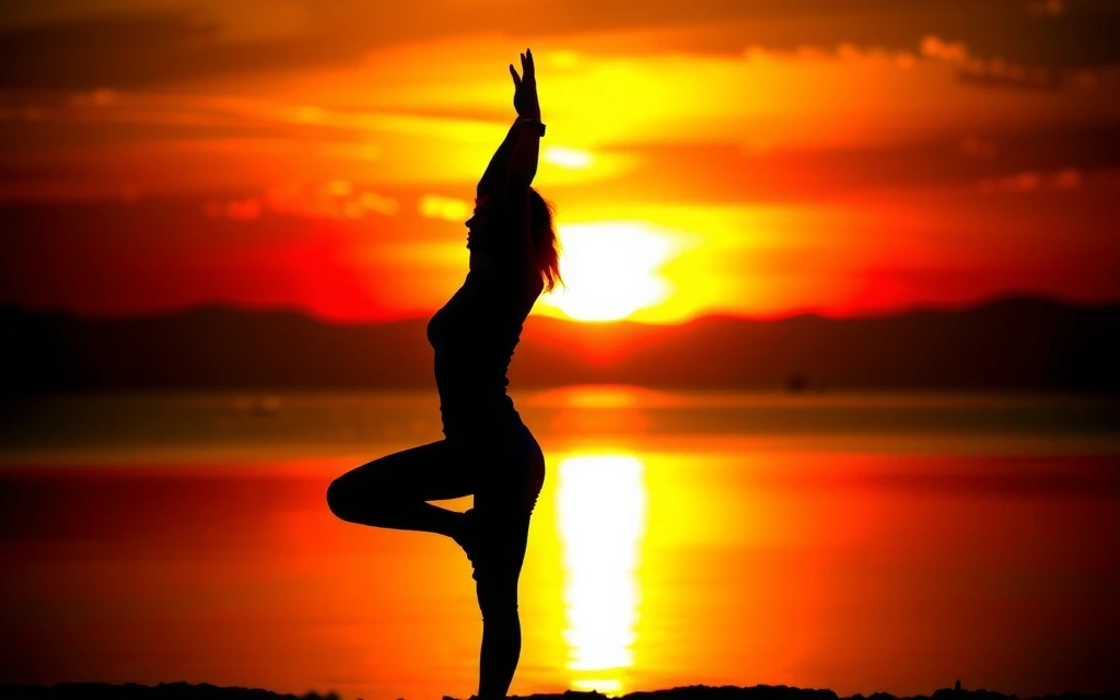 Osoba uprawiająca jogę na tle zachodzącego słońca