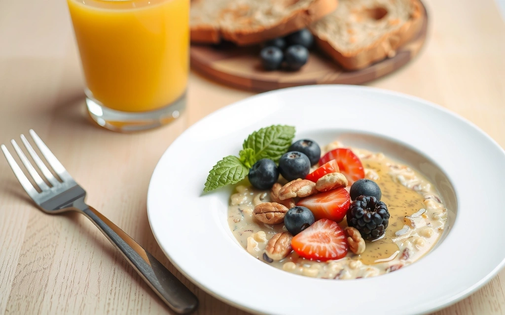 Zdjęcie zdrowego śniadania z owocami i płatkami